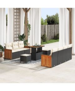 Vidaxl 10-częściowy zestaw sofy ogrodowej z poduszkami czarny polirattan akacja, 3-częściowy zestaw do jadalni ogrodowej z poduszkami czarny polirattan akacja Dārza mēbeļu komplekti