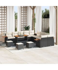 Zestaw ogrodowy vidaXL 13-elementowy z poduszkami Czarny Poli Rattan Akacja, Zestaw do jadalni vidaXL 3-elementowy z poduszkami Czarny Poli Rattan Akacja Dārza mēbeļu komplekti