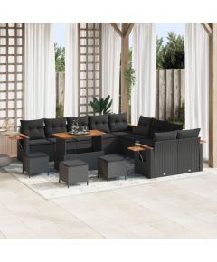 Vidaxl Zestaw sofy ogrodowej 13-częściowy z poduszkami Czarny Polirattan Akacja, Zestaw jadalny 3-częściowy z poduszkami Czarny Polirattan Akacja Dārza mēbeļu komplekti