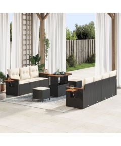 vidaXL 10-częściowy zestaw sofy ogrodowej z poduszkami czarny polirattan acacia, vidaXL 3-częściowy zestaw do jedzenia na świeżym powietrzu z poduszkami czarny polirattan acacia Dārza mēbeļu komplekti