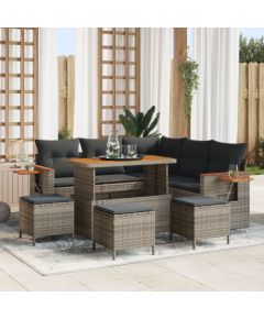 Zestaw 8-elementowy sofy ogrodowej vidaXL z poduszkami szary polirattan akacja, Zestaw 3-elementowy stołu ogrodowego vidaXL z poduszkami szary polirattan akacja Dārza mēbeļu komplekti