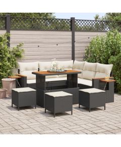 Vidaxl Zestaw 8-elementowy sofy ogrodowej z poduszkami czarny polirattan akacji, Zestaw 3-elementowy stołu ogrodowego z poduszkami czarny polirattan akacji Dārza mēbeļu komplekti