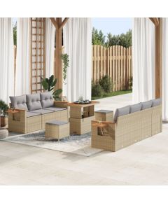 vidaXL 10-częściowy zestaw sofy ogrodowej z poduszkami Beżowy Rattan Syntetyczny Akacja, vidaXL 3-częściowy zestaw jadalniany ogrodowy z poduszkami Beżowy Rattan Syntetyczny Akacja Dārza mēbeļu komplekti