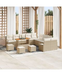 Zestaw ogrodowy vidaXL z 14 elementami i poduszkami Beżowy Polirattan Akacja, Sofa ogrodowa vidaXL 2-osobowa z pojemnikiem i poduszkami Beżowa Polirattan, 4-częściowy zestaw obiadowy ogrodowy z poduszkami Beżowy Polirattan Akacja Dārza mēbeļu komplekti