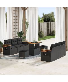 vidaXL 9-częściowy Zestaw Sofowy Ogrodowy z Poduszkami Czarny Polirattan Akacja, vidaXL 3-częściowy Zestaw Stołowy Ogrodowy z Poduszkami Czarny Polirattan Akacja Dārza mēbeļu komplekti