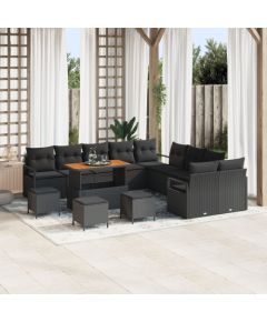 Zestaw sof ogrodowych vidaXL 13-częściowy z poduszkami Czarny Poli Rattan Akacja, Sofa ogrodowa 2-osobowa vidaXL z miejscem do przechowywania i poduszkami Czarny Poli Rattan, Zestaw mebli jadalnych vidaXL 3-częściowy z poduszkami Czarny Poli Rattan Ak Dārza mēbeļu komplekti