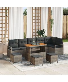 Vidaxl Zestaw 9-częściowy sof ogrodowych z poduszkami szary rattan poliester, Sofa ogrodowa 2-osobowa z przechowalnią i poduszkami szary rattan poliester, Zestaw 3-częściowy do jadalni ogrodowej z poduszkami szary rattan poliester Dārza mēbeļu komplekti