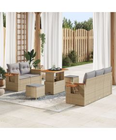 Zestaw 8-częściowy sof ogrodowych vidaXL z poduszkami Beżowy Polirattan Akacja, Zestaw 3-częściowy stołów ogrodowych vidaXL z poduszkami Beżowy Polirattan Akacja Dārza mēbeļu komplekti