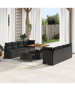 Zestaw sofy ogrodowej vidaXL 11-częściowy z poduszkami Czarny Polirattan Akacja, 2-osobowa sofa ogrodowa vidaXL z miejscem do przechowywania i poduszkami Czarny Polirattan, 3-częściowy zestaw jadalny ogrodowy vidaXL z poduszkami Czarny Polirattan Akac Dārza mēbeļu komplekti