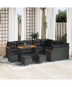 vidaXL 13 elementów zestaw kanap ogrodowych z poduszkami czarny polirattan akacjowy, vidaXL 4 elementy zestaw do jadalni ogrodowej z poduszkami czarny polirattan akacjowy Dārza mēbeļu komplekti