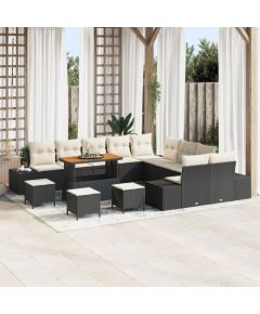 Vidaxl 14-częściowy zestaw sof ogrodowych z poduszkami czarny polirattan akacja, 2-osobowa sofa ogrodowa z miejscem do przechowywania i poduszkami czarny polirattan, 4-częściowy zestaw do jedzenia w ogrodzie z poduszkami czarny polirattan akacja Dārza mēbeļu komplekti