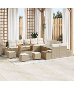 vidaXL 14 częściowy zestaw sof ogrodowych z poduszkami, beżowy polirattan akacja, vidaXL 2-osobowa sofa ogrodowa z miejscem na przechowywanie i poduszkami, beżowy polirattan, vidaXL 4-częściowy zestaw stołowy ogrodowy z poduszkami, beżowy poliratt Dārza mēbeļu komplekti
