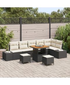 Vidaxl 9-częściowy zestaw sof ogrodowych z poduszkami Czarny Polirattan Akacja, 2-osobowa sofa ogrodowa z przechowalnią i poduszkami Czarny Polirattan, 3-częściowy zestaw jadalniany ogrodowy z poduszkami Czarny Polirattan Akacja Dārza mēbeļu komplekti