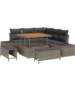 Zestaw Sofy Ogrodowej vidaXL 8 Elementów z Poduszkami Szary Poly Rattan Acacia, Zestaw Sofy Ogrodowej vidaXL 2-osobowej z Miejscem do Przechowywania i Poduszkami Szary Poly Rattan, Zestaw do Jadalni Ogrodowej vidaXL 3 Elementowy z Poduszkami Szary Poly R Dārza mēbeļu komplekti