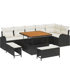 Vidaxl 9-częściowy zestaw sofy ogrodowej z poduszkami czarny polirattan akacja, Sofa ogrodowa 2-osobowa z miejscem do przechowywania i poduszkami czarny polirattan, 3-częściowy zestaw jadalny ogrodowy z poduszkami czarny polirattan akacja Dārza mēbeļu komplekti