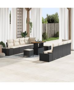 Vidaxl 11-częściowy zestaw sof ogrodowych z poduszkami czarny polirattan akacja, Sofa ogrodowa 2-osobowa z miejscem na przechowywanie i poduszkami czarny polirattan, 3-częściowy zestaw do jadalni ogrodowej z poduszkami czarny polirattan akacja Dārza mēbeļu komplekti