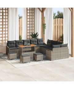 Vidaxl 14-elementowy zestaw sof ogrodowych z poduszkami szary polirattan akacja, Sofa ogrodowa 2-osobowa z miejscem do przechowywania i poduszkami szary polirattan, Zestaw jadalny 4-elementowy z poduszkami szary polirattan akacja Dārza mēbeļu komplekti