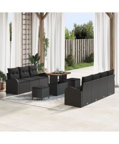 10-częściowy zestaw sofy ogrodowej vidaXL z poduszkami czarny polirattan akacja, 2-osobowa sofa ogrodowa vidaXL z miejscem na przechowywanie i poduszkami czarny polirattan, 3-częściowy zestaw jadalniany ogrodowy vidaXL z poduszkami czarny polirattan a Dārza mēbeļu komplekti