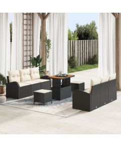 9-częściowy zestaw sof ogrodowych vidaXL z poduszkami czarny poli rattan akacja, 2-osobowa sofa ogrodowa vidaXL z przechowywaniem i poduszkami czarny poli rattan, 3-częściowy zestaw jadalniany ogrodowy vidaXL z poduszkami czarny poli rattan akacja Dārza mēbeļu komplekti