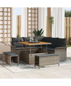 Vidaxl 8-częściowy zestaw sof ogrodowych z poduszkami Szary Polirattan Akacja, Sofa ogrodowa dla 2 osób z schowkiem i poduszkami Szary Polirattan, 3-częściowy zestaw jadalniany ogrodowy z poduszkami Szary Polirattan Akacja Dārza mēbeļu komplekti