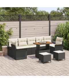 vidaXL 10-częściowy zestaw kanap ogrodowych z poduszkami czarno-polirattanowymi z akacji, vidaXL 2-osobowa kanapa ogrodowa z miejscem do przechowywania i poduszkami czarno-polirattanowymi, vidaXL 3-częściowy zestaw jadalny ogrodowy z poduszkami czarno Dārza mēbeļu komplekti