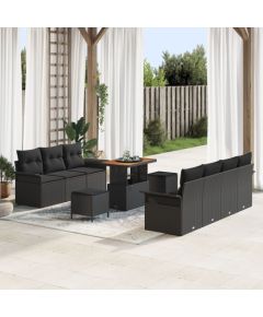 10-elementowy zestaw sofy ogrodowej vidaXL z poduszkami czarnym polirattanem akacjowym, Sofa ogrodowa 2-osobowa vidaXL z miejscem na przechowywanie i poduszkami czarnym polirattanem, 3-elementowy zestaw obiadowy ogrodowy vidaXL z poduszkami czarnym polira Dārza mēbeļu komplekti