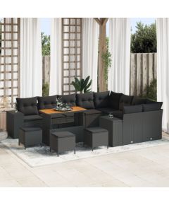 Zestaw Sofowy do Ogrodu vidaXL 13 Części z Poduszkami Czarny Polirattan Akacja, Zestaw Jadalniany vidaXL 4 Części z Poduszkami Czarny Polirattan Akacja Dārza mēbeļu komplekti