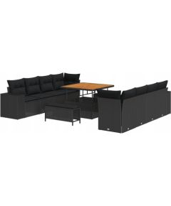 vidaXL 11-częściowy zestaw sofy ogrodowej z poduszkami Czarny Poli Rattan Akacja, vidaXL 3-częściowy zestaw obiadowy ogrodowy z poduszkami Czarny Poli Rattan Akacja Dārza mēbeļu komplekti