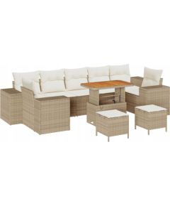 Zestaw sof ogrodowych vidaXL 10 elementów z poduszkami Beżowy z polirattanu i akacji, Zestaw do jadalni na zewnątrz vidaXL 3 elementy z poduszkami Beżowy z polirattanu i akacji Dārza mēbeļu komplekti