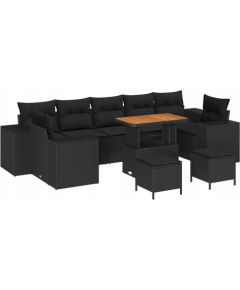 vidaXL Zestaw Sofy Ogrodowej 10 Części z Poduszkami Czarny Rattan Akacja, vidaXL 3 Częściowy Zestaw Jadalny Ogrodowy z Poduszkami Czarny Rattan Akacja Dārza mēbeļu komplekti