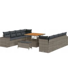 Vidaxl Zestaw ogrodowy 11-częściowy z poduszkami Szary Polirattan Akacja, Zestaw jadalny 3-częściowy z poduszkami Szary Polirattan Akacja Dārza mēbeļu komplekti