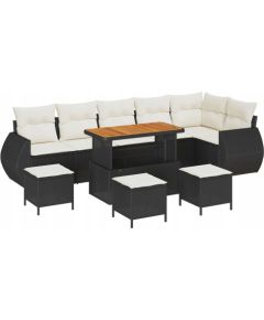 vidaXL 10-częściowy zestaw sof ogrodowych z poduszkami czarny polirattan akacja, vidaXL 4-częściowy zestaw do jadalni ogrodowej z poduszkami czarny polirattan akacja Dārza mēbeļu komplekti