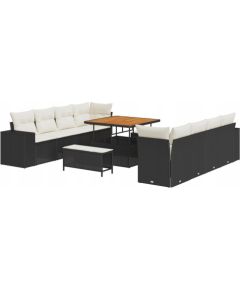 vidaXL 11-częściowy zestaw sofy ogrodowej z poduszkami czarny polirattan akacja, vidaXL 3-częściowy zestaw do jadalni z poduszkami czarny polirattan akacja Dārza mēbeļu komplekti