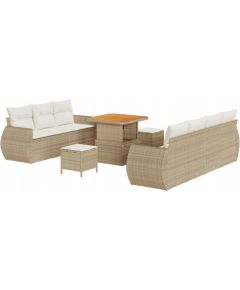 Zestaw sofy ogrodowej vidaXL 10-elementowy z poduszkami Beżowy Polirattan Akacja, Zestaw do jadalni ogrodowej vidaXL 3-elementowy z poduszkami Beżowy Polirattan Akacja Dārza mēbeļu komplekti