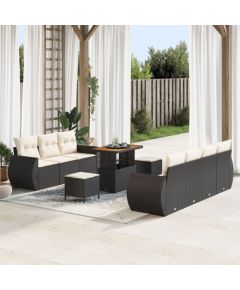 Vidaxl Zestaw 10-elementowy sof ogrodowych z poduszkami czarny polirattan akacjowy, Zestaw 3-elementowy stołu jadalnego ogrodowego z poduszkami czarny polirattan akacjowy Dārza mēbeļu komplekti