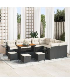 12 Elementowy Zestaw Sofy Ogrodowej z Poduszkami Czarny Poli Rattan Akacja, 3 Elementowy Zestaw Jadalny vidaXL z Poduszkami Czarny Poli Rattan Akacja Dārza mēbeļu komplekti
