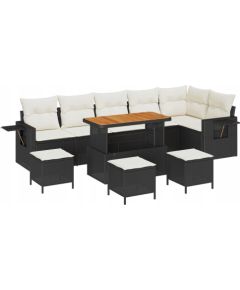 Zestaw Sof Ogrodowych vidaXL 10 Części z Poduszkami Czarny Polirattan Akacja, Zestaw Jadalny vidaXL 4 Części z Poduszkami Czarny Polirattan Akacja Dārza mēbeļu komplekti