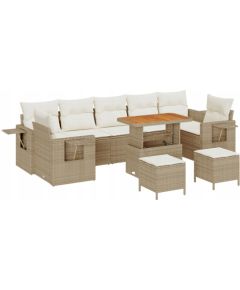 vidaXL 10-elementowy Zestaw Sofy Ogrodowej z Poduszkami Beżowy Rattan Akacja, vidaXL 3-elementowy Zestaw Jadalny Ogrodowy z Poduszkami Beżowy Rattan Akacja Dārza mēbeļu komplekti