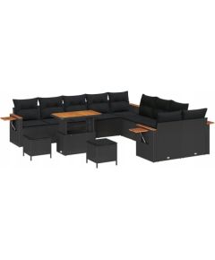 vidaXL Zestaw sofy ogrodowej 13 części z poduszkami czarny polirattan akacja, vidaXL Zestaw jadalniany 3-częściowy z poduszkami czarny polirattan akacja Dārza mēbeļu komplekti