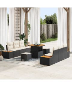 9-elementowy zestaw sofy ogrodowej vidaXL z poduszkami czarny polirattan akacja, 3-elementowy zestaw obiadowy ogrodowy vidaXL z poduszkami czarny polirattan akacja Dārza mēbeļu komplekti