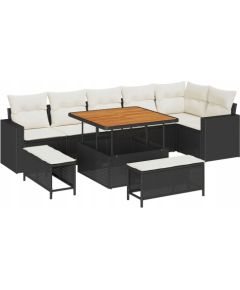 vidaXL 9-częściowy zestaw sofy ogrodowej z poduszkami czarny polirattan akacja, vidaXL 3-częściowy zestaw do jadalni ogrodowej z poduszkami czarny polirattan akacja Dārza mēbeļu komplekti