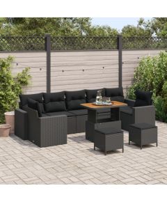 vidaXL 10-częściowy zestaw sof ogrodowych z poduszkami czarny polirattan akacja, vidaXL 3-częściowy zestaw obiadowy do ogrodu z poduszkami czarny polirattan akacja Dārza mēbeļu komplekti