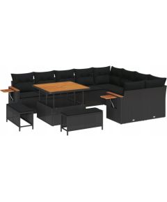 Vidaxl Zestaw mebli ogrodowych 12-częściowy z poduszkami czarny polirattan akacja, Zestaw do jadalni ogrodowej 3-częściowy z poduszkami czarny polirattan akacja Dārza mēbeļu komplekti