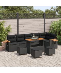 Vidaxl Zestaw 9 Częściowych Sof Ogrodowych z Poduszkami Czarny Polirattan Akacja, Zestaw 3 Częściowy Stołu Ogrodowego z Poduszkami Czarny Polirattan Akacja Dārza mēbeļu komplekti