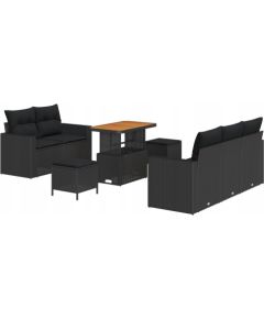Vidaxl Zestaw 8 komponentów sofy ogrodowej z poduszkami czarny polirattan akacja, Zestaw 3 komponentów stołu ogrodowego z poduszkami czarny polirattan akacja Dārza mēbeļu komplekti