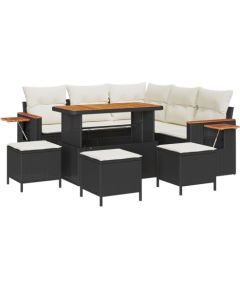 Zestaw 9-częściowy sofy ogrodowej vidaXL z poduszkami Czarny Rattan Poliester Akacja, Zestaw 4-częściowy stołu jadalnego ogrodowego vidaXL z poduszkami Czarny Rattan Poliester Akacja Dārza mēbeļu komplekti