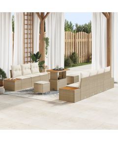 vidaXL 10-elementowy zestaw sof ogrodowych z poduszkami w kolorze beżowym, rattan, akacja, vidaXL 3-elementowy zestaw jadalny z poduszkami w kolorze beżowym, rattan, akacja Dārza mēbeļu komplekti