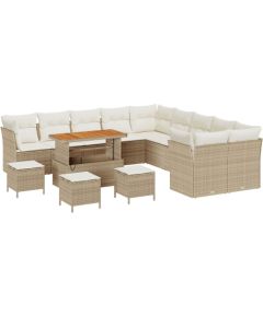 vidaXL 14-członowy zestaw sofy ogrodowej z poduszkami beżowy poli rattan akacja, vidaXL 4-członowy zestaw jadalny ogrodowy z poduszkami beżowy poli rattan akacja Dārza mēbeļu komplekti