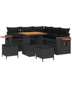 Zestaw mebli ogrodowych vidaXL 8-częściowy z poduszkami Czarny Polirattan Akacja, Zestaw jadalny vidaXL 3-częściowy z poduszkami Czarny Polirattan Akacja Dārza mēbeļu komplekti