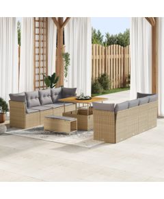 11-częściowy zestaw sof vidaXL z poduszkami Beżowy Polirattan Akacja, 3-częściowy zestaw jadalniany vidaXL z poduszkami Beżowy Polirattan Akacja Dārza mēbeļu komplekti